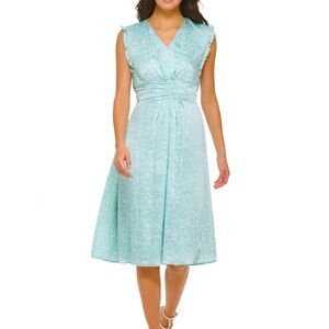 DKNY Ruffled Sleeveless Floral Dress Womens Midi Dress Turquoise Size 8